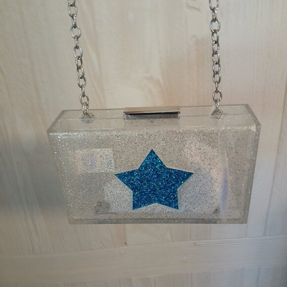 More Than Magic Star Acrylic Purse White Blue Silver Chain Convertible 7" x 4" - Picture 3 of 13
